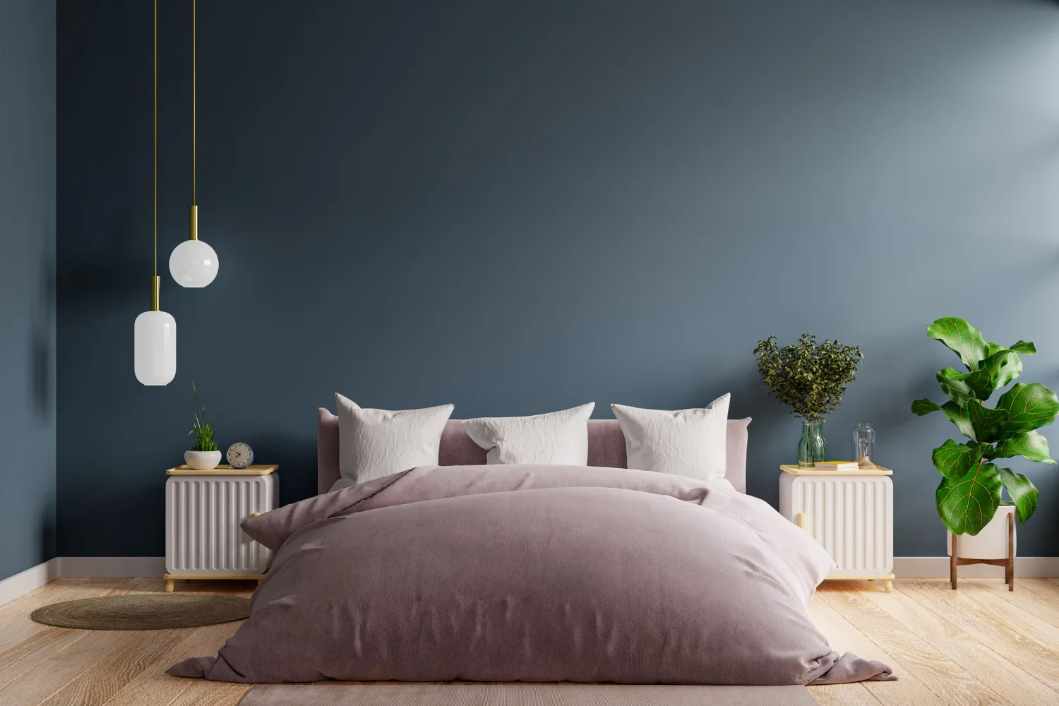 bedroom interior dark style dark blue wall mockup 3d rendering jpg