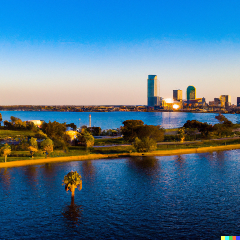 DALL·E 2023 04 28 22.29.56 A stunning aerial view of Tampa Florida with the city skyline in the background the shimmering waters of Tampa Bay in the foreground and palm tree