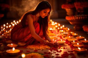 scene photo indian woman kneeling by candles celebrating
