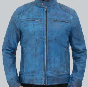 Mens Sky Blue Motorcycle Style Leather Jacket 3