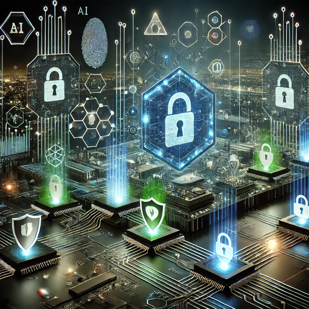 A visually striking image representing emerging technologies in cybersecurity. The image features a futuristic digital landscape with glowing networks