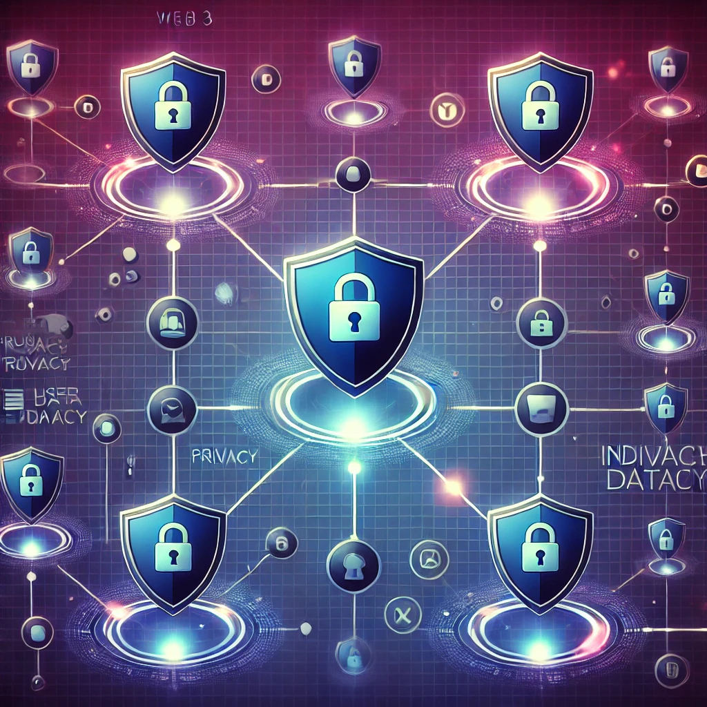 Decentralized network illustrating user data privacy in Web 3, featuring secure nodes and shield icons