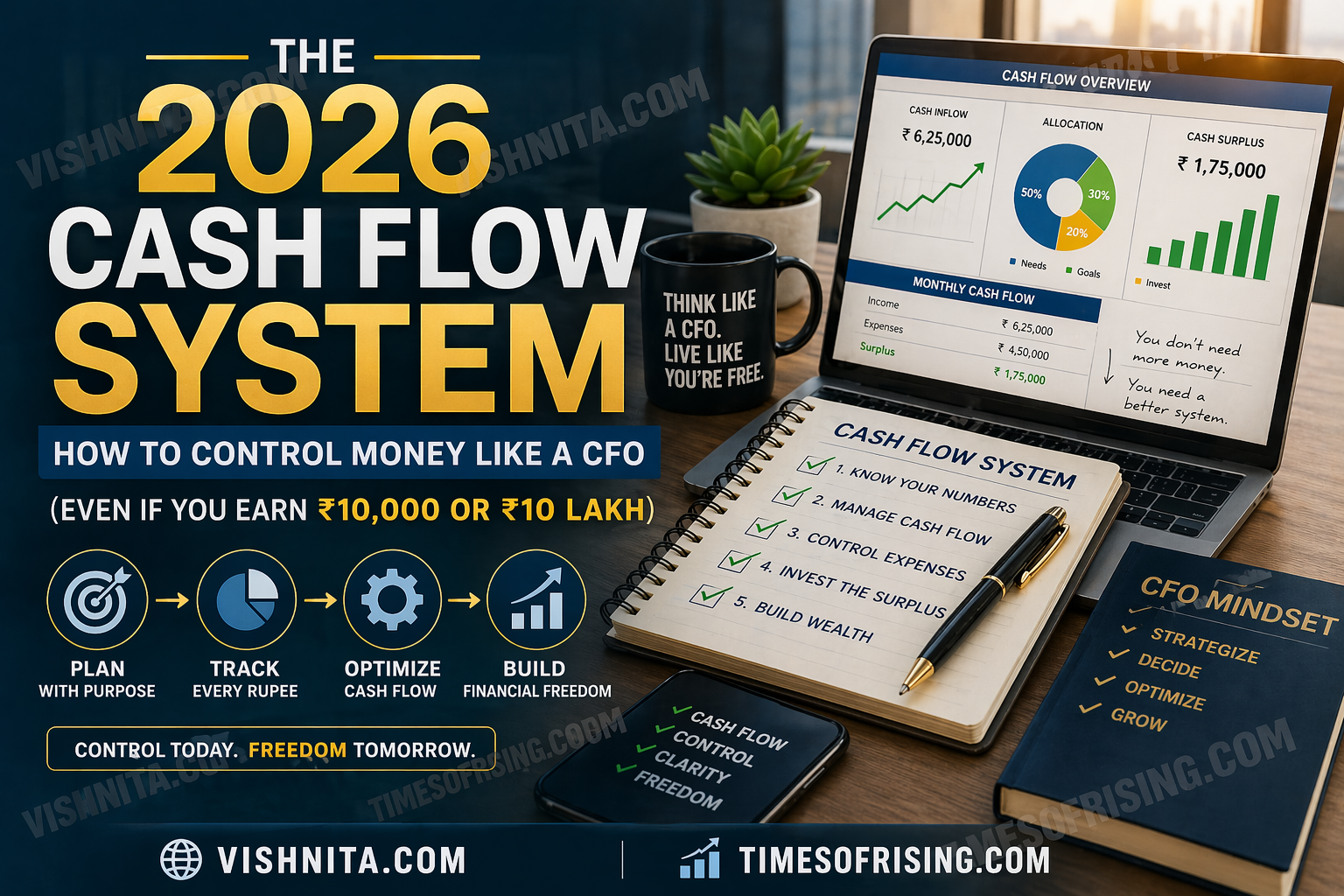 Modern financial dashboard and workspace showing a 2026 cash flow system to control money like a CFO for incomes ranging from ₹10,000 to ₹10 lakh