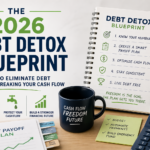 Modern financial planning workspace showing a 2026 debt detox blueprint with steps to eliminate debt while maintaining positive cash flow