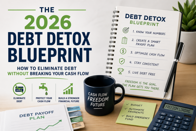 Modern financial planning workspace showing a 2026 debt detox blueprint with steps to eliminate debt while maintaining positive cash flow