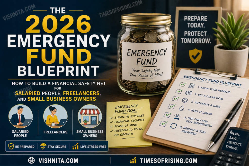 Emergency fund jar with financial planning checklist showing a 2026 blueprint to build a safety net for salaried people, freelancers, and small business owners