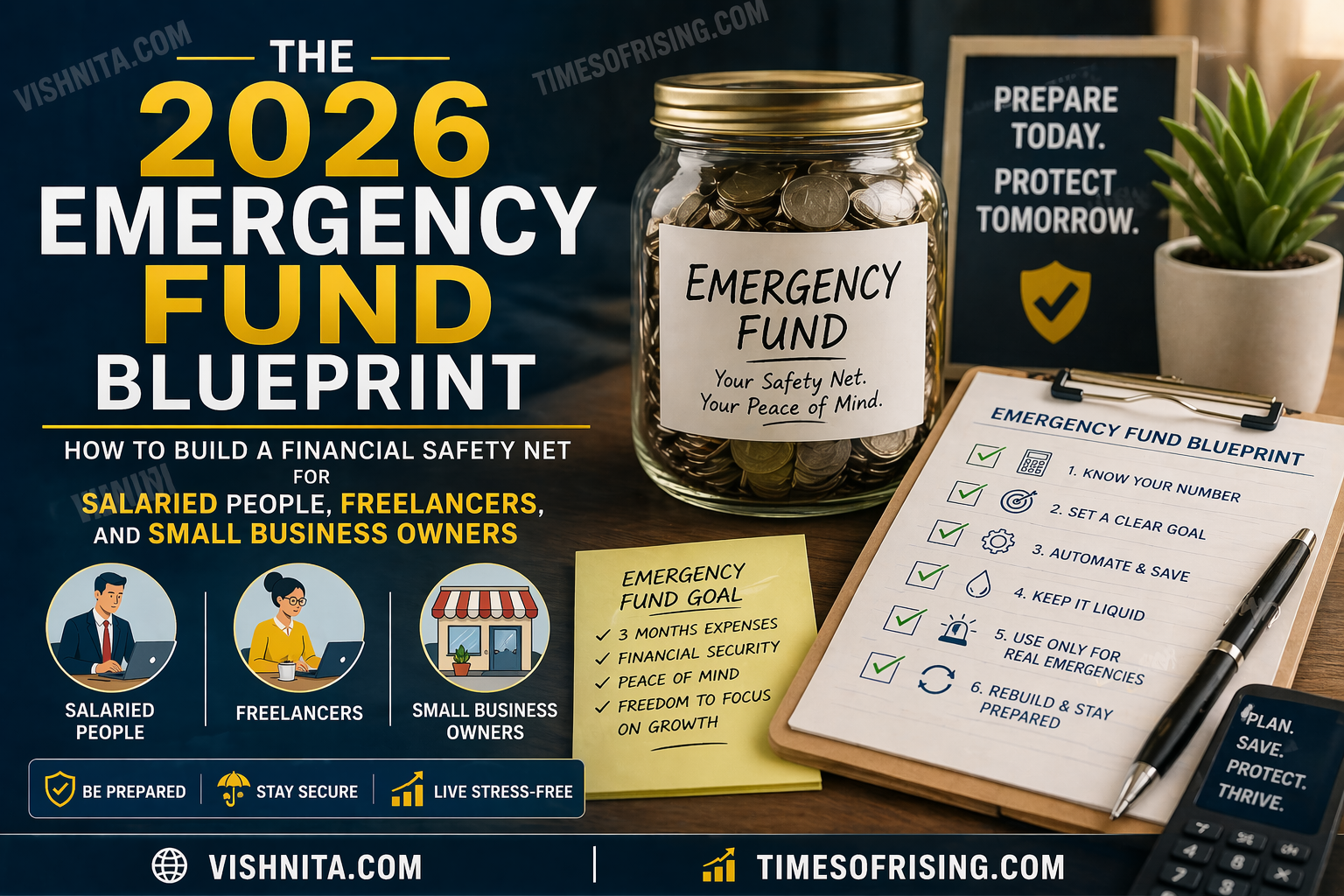 Emergency fund jar with financial planning checklist showing a 2026 blueprint to build a safety net for salaried people, freelancers, and small business owners