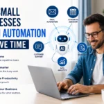 Small business owner using AI automation tools for customer support, scheduling, invoicing, and productivity growth