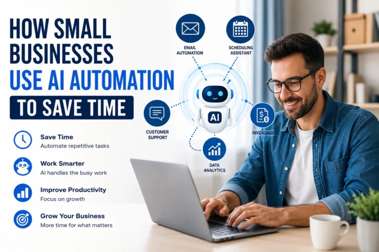 Small business owner using AI automation tools for customer support, scheduling, invoicing, and productivity growth