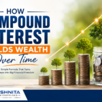 How compound interest builds wealth over time with growing coin stacks and investment growth illustration