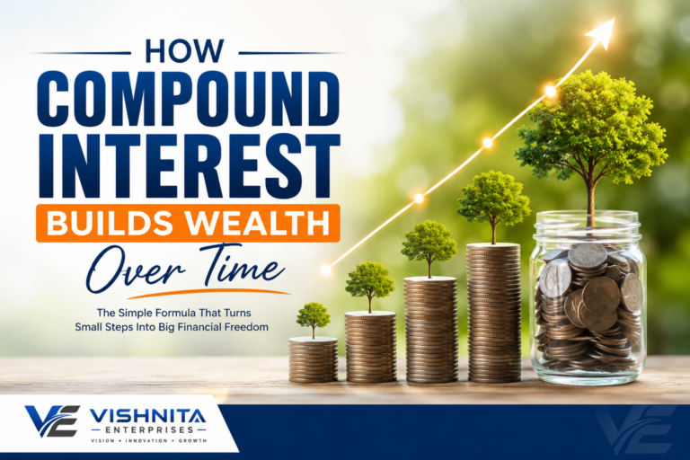 How compound interest builds wealth over time with growing coin stacks and investment growth illustration