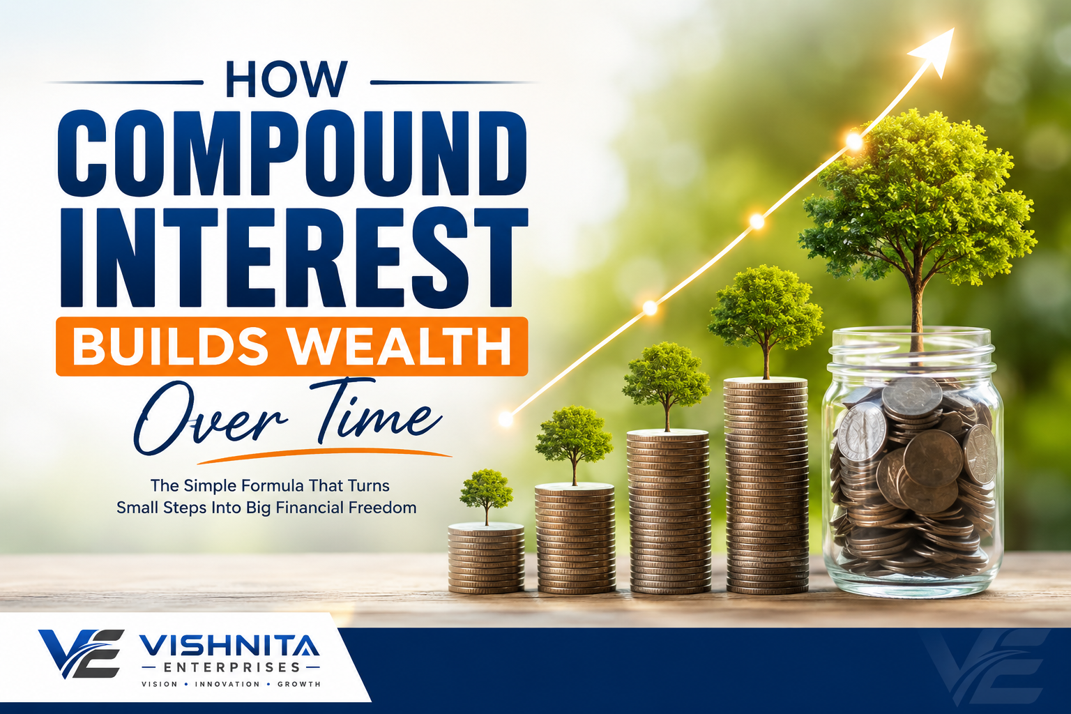 How compound interest builds wealth over time with growing coin stacks and investment growth illustration