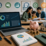 Family reviewing finances and savings goals with charts, a piggy bank, house model, and coins