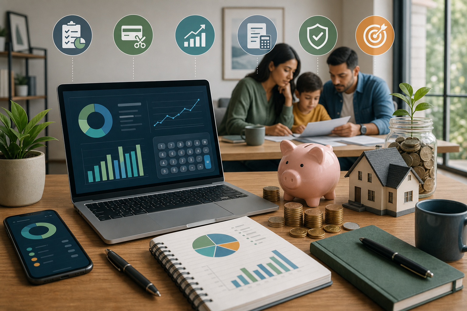 Family reviewing finances and savings goals with charts, a piggy bank, house model, and coins
