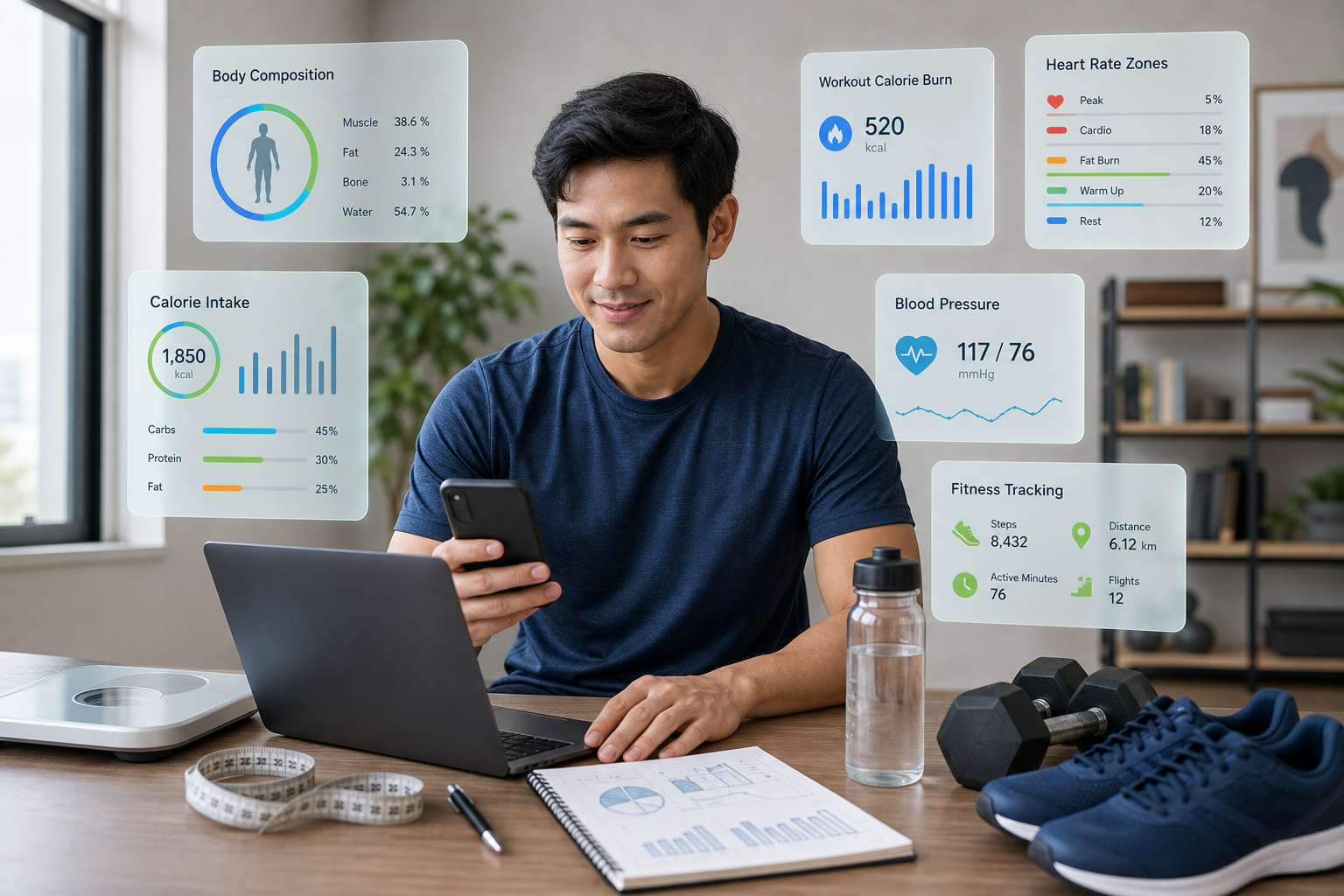 Man tracking fitness and health metrics on a laptop and phone, with workout, diet, and body composition stats displayed