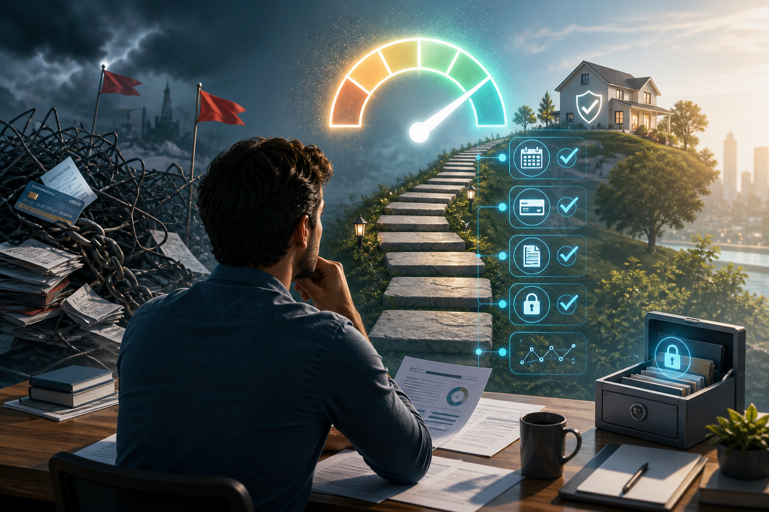 A man reviews paperwork as a path leads from tangled risks to a secure, protected home