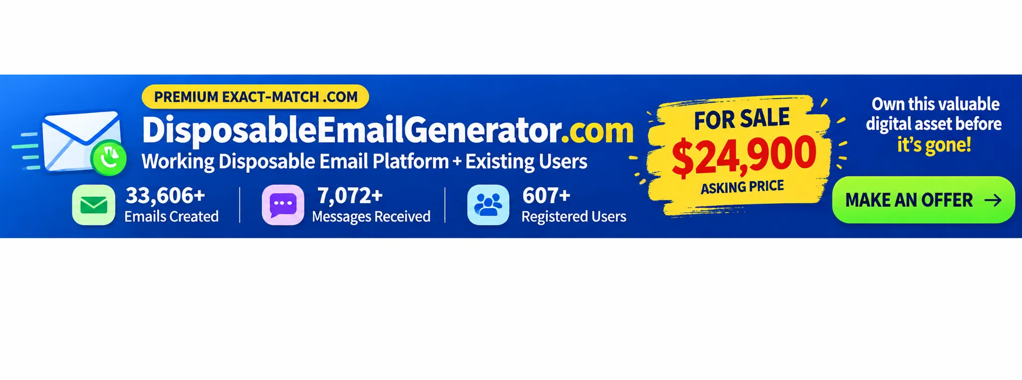 DisposableEmailGenerator.com - Premium Exact-Match .COM for Sale