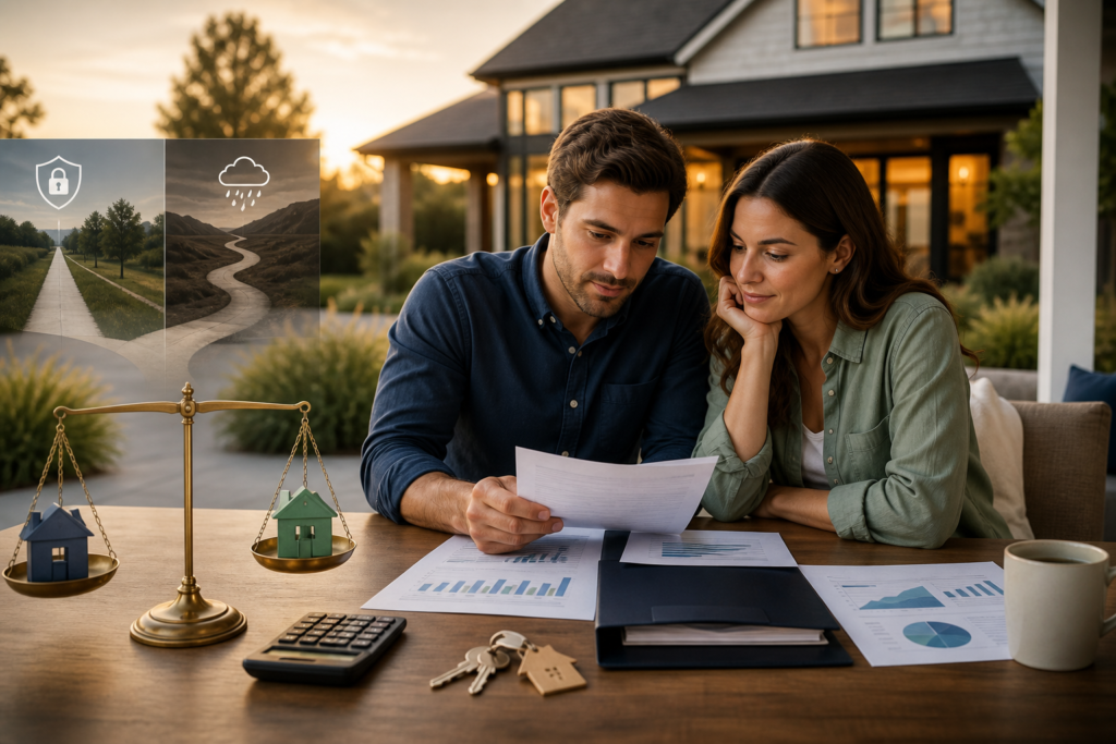 Couple review home-buying documents at a table with house keys, a calculator, and a scale balancing two model homes