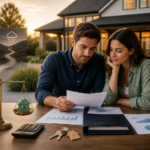 Couple review home-buying documents at a table with house keys, a calculator, and a scale balancing two model homes