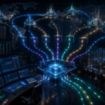 Futuristic financial security operations center with global data flows, blockchain servers, trading monitors, and city hubs