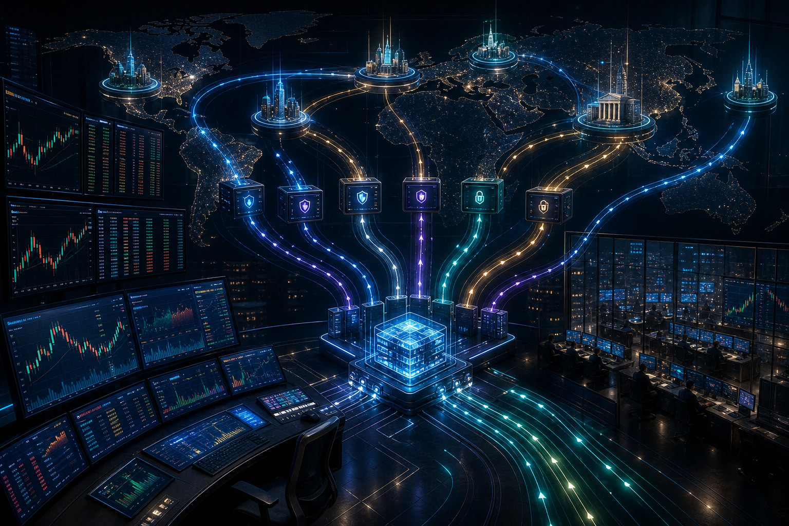 Futuristic financial security operations center with global data flows, blockchain servers, trading monitors, and city hubs