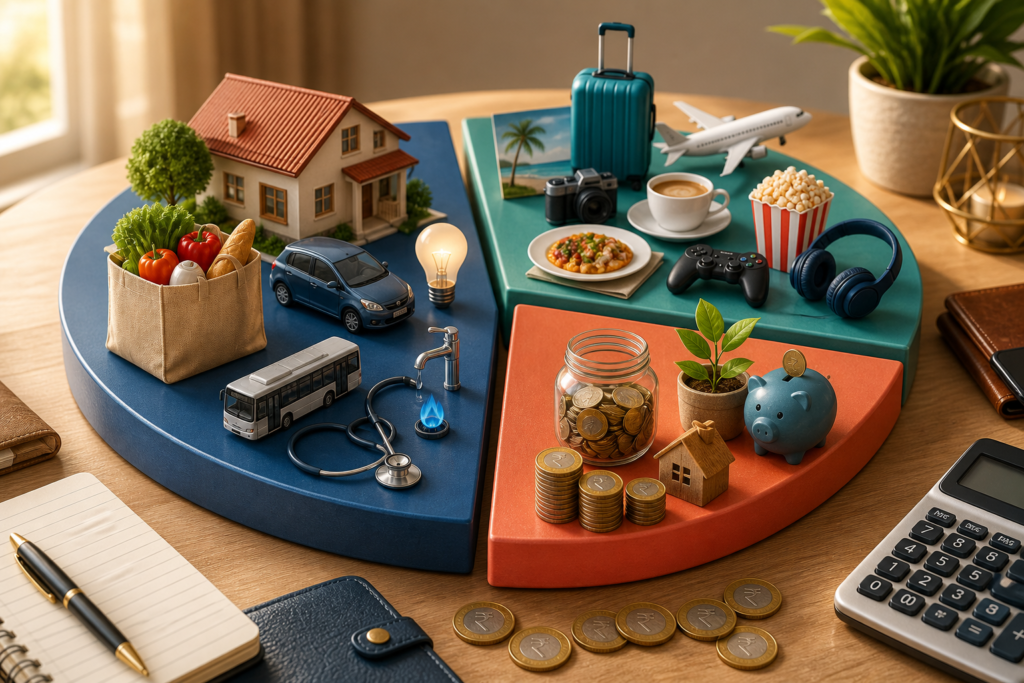 Objects representing household, transportation, healthcare, travel, entertainment, and financial savings