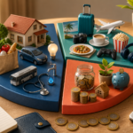 Objects representing household, transportation, healthcare, travel, entertainment, and financial savings