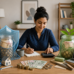 Woman calculating finances at a table surrounded by cash, savings jars, a calculator, notebook, and household items