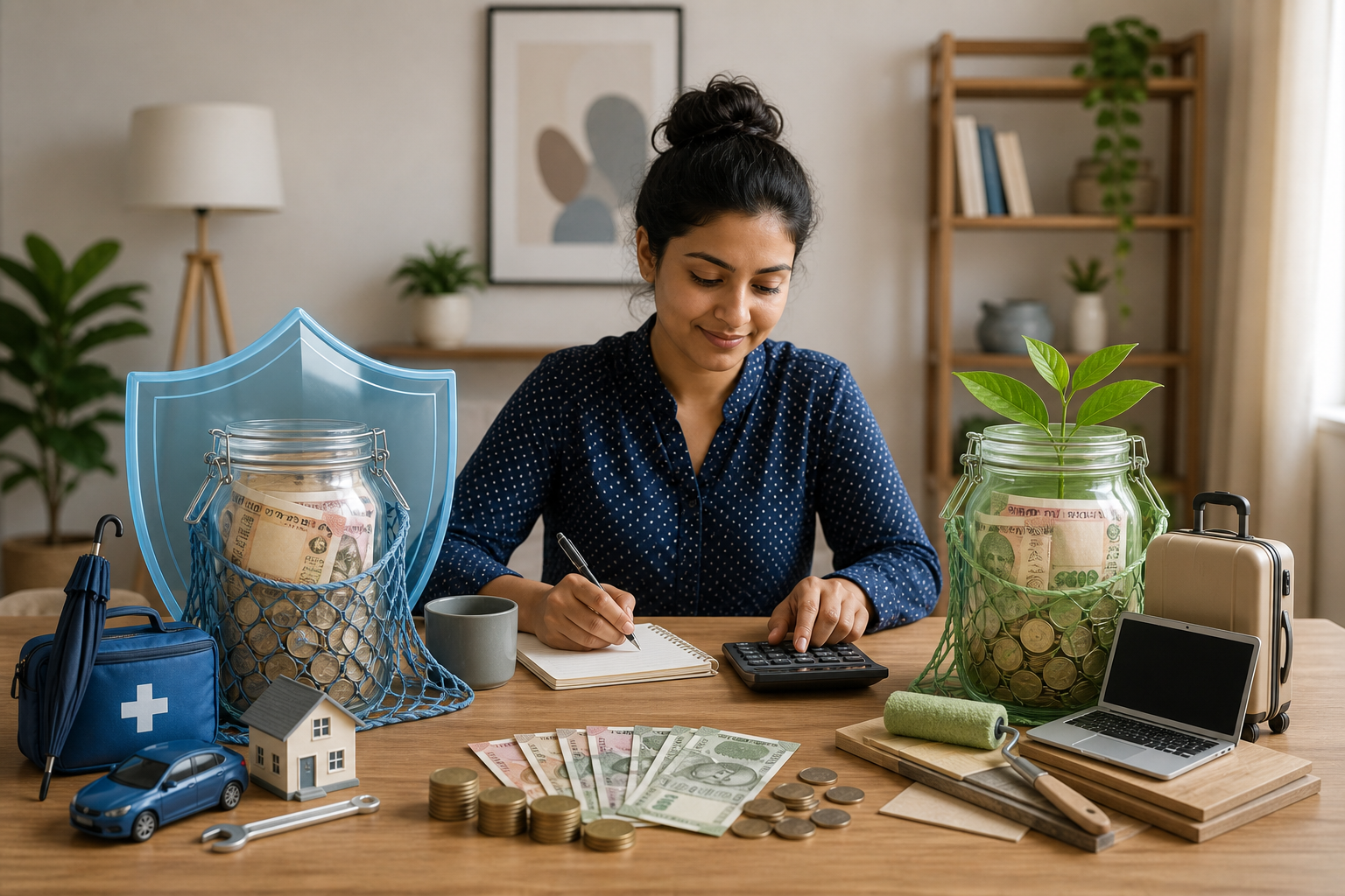 Woman calculating finances at a table surrounded by cash, savings jars, a calculator, notebook, and household items