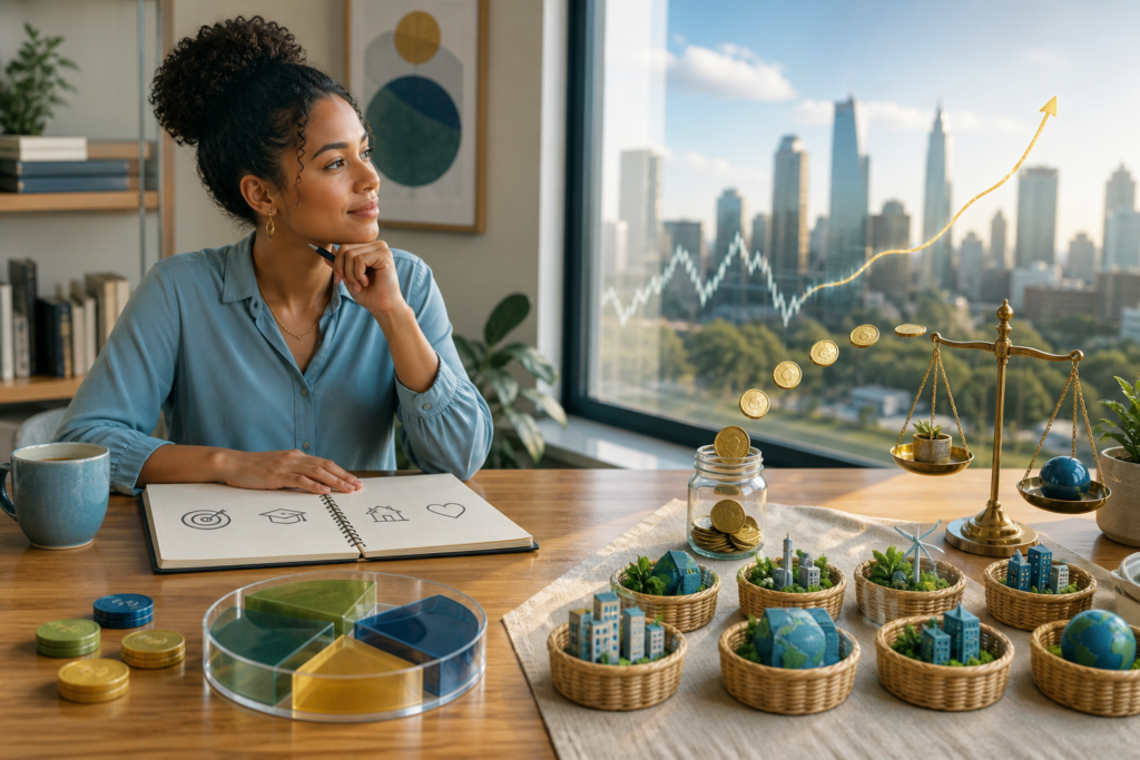 Woman contemplating financial planning, with rising market graph, coins, balance scale, and miniature sustainable city models