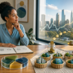 Woman contemplating financial planning, with rising market graph, coins, balance scale, and miniature sustainable city models
