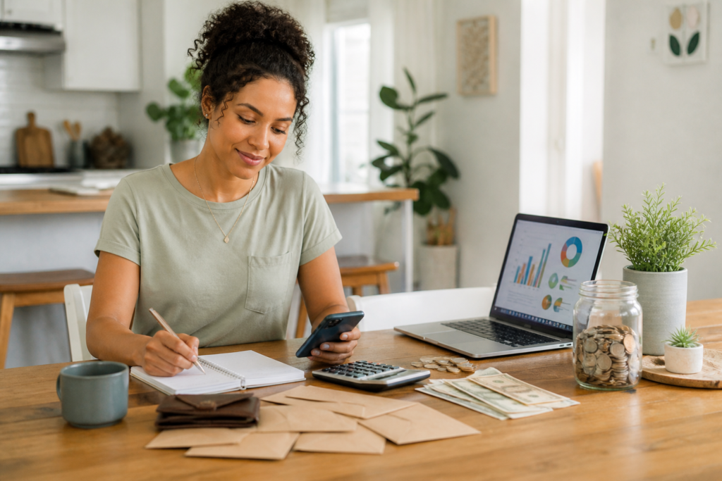 Woman planning finances with a notebook and phone beside a laptop, calculator, cash, and envelopes