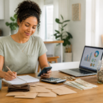 Woman planning finances with a notebook and phone beside a laptop, calculator, cash, and envelopes