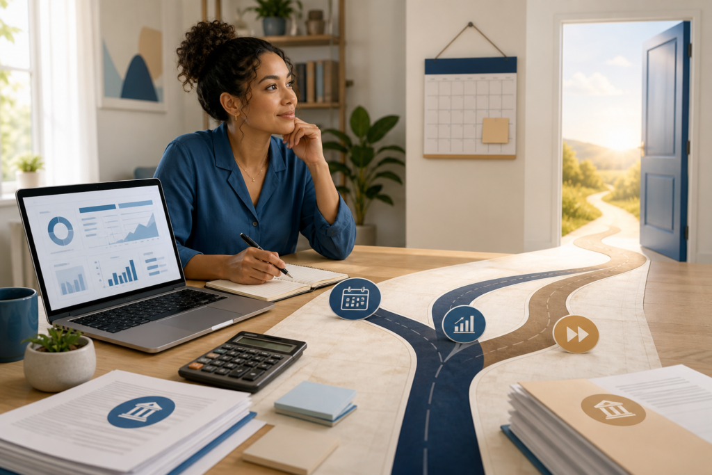Woman reviewing charts and taking notes beside a branching roadmap leading toward an open door