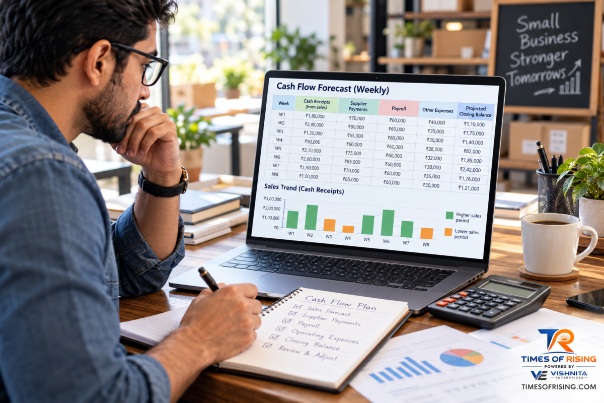 Small business owner reviewing a weekly cash flow forecast with customer receipts, supplier payments, payroll, projected balances, and varying sales.