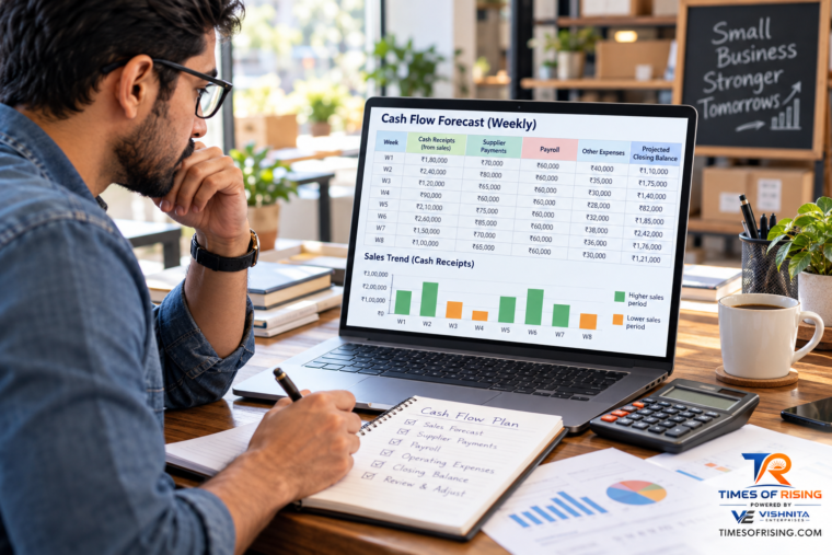 Small business owner reviewing a weekly cash flow forecast with customer receipts, supplier payments, payroll, projected balances, and varying sales.