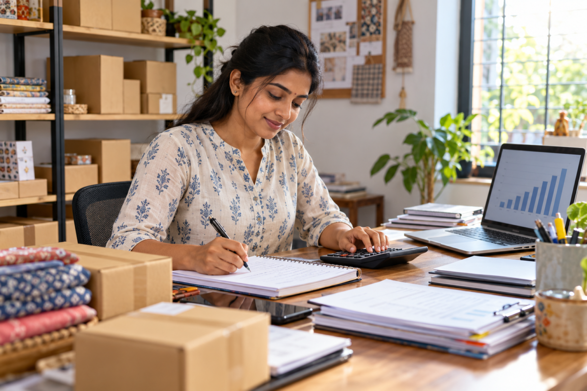 Indian small business owner planning finances with a notebook, calculator, and laptop displaying a sales chart.