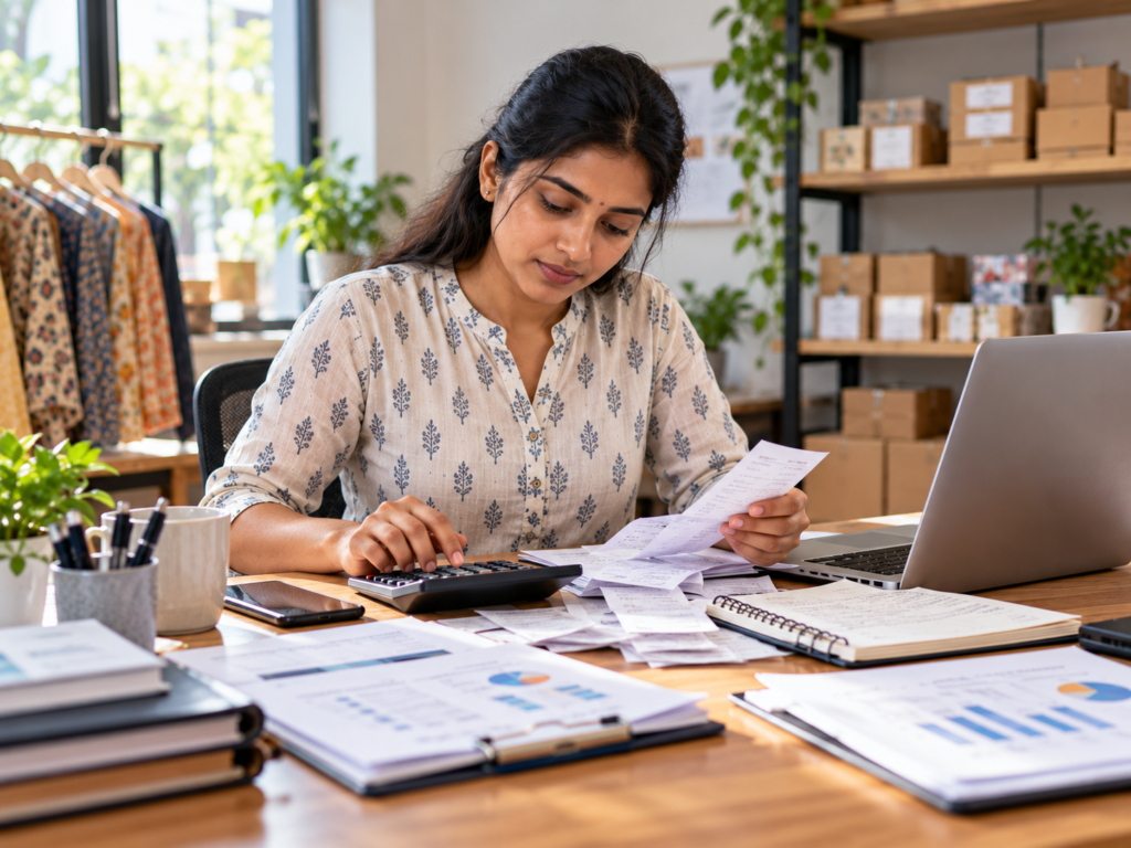 Indian small business owner reviewing receipts and financial documents while using a calculator and laptop.