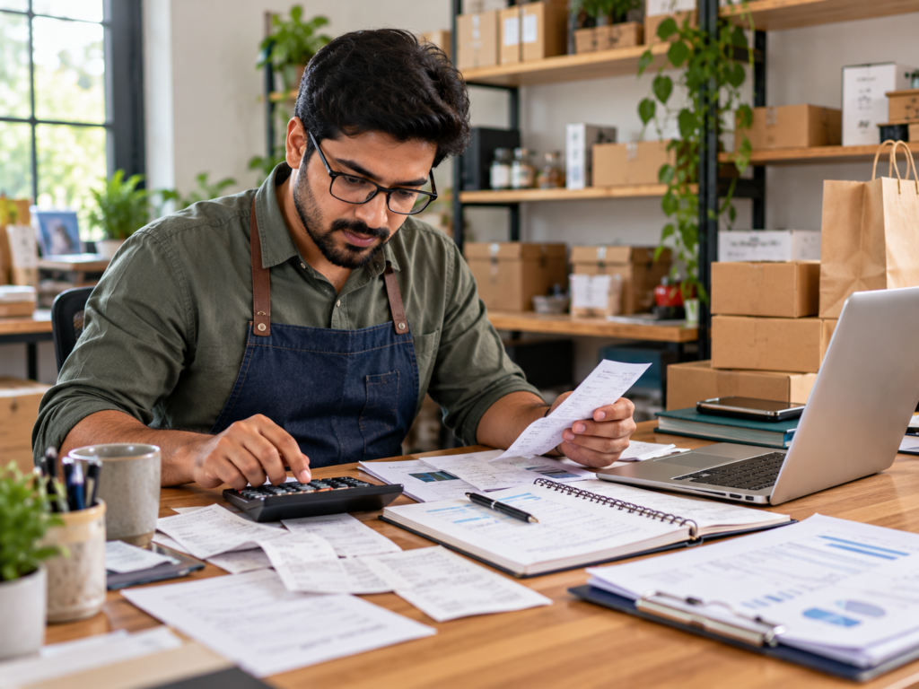 Indian small business owner reviewing invoices and receipts with a calculator, notebook, and laptop.