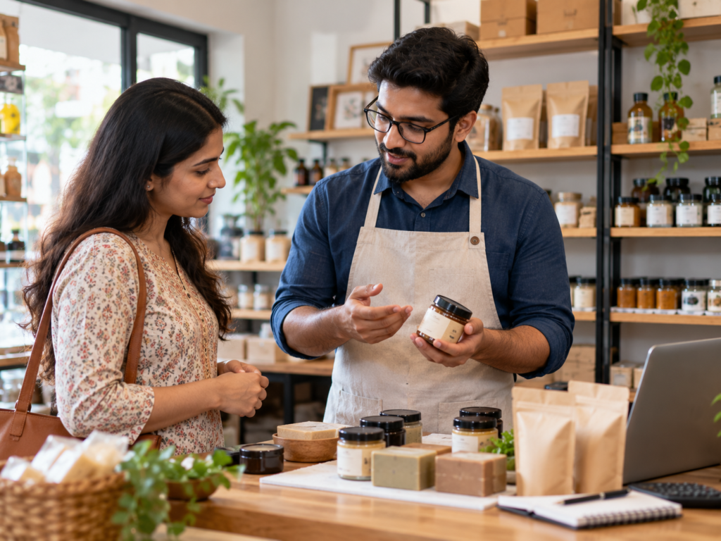Indian small business owner discussing product samples with a customer in a retail shop.