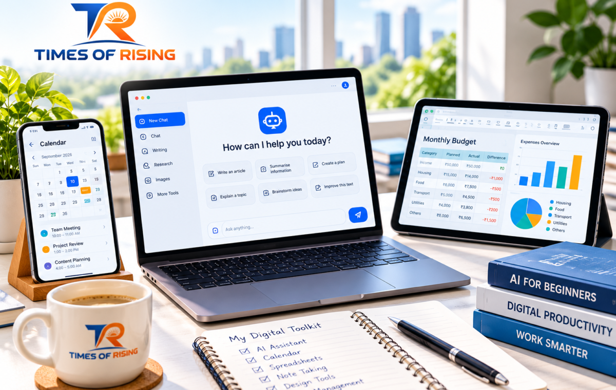 Times of Rising-branded workspace featuring a laptop with an AI chat interface, a smartphone calendar and a tablet displaying spreadsheet charts.