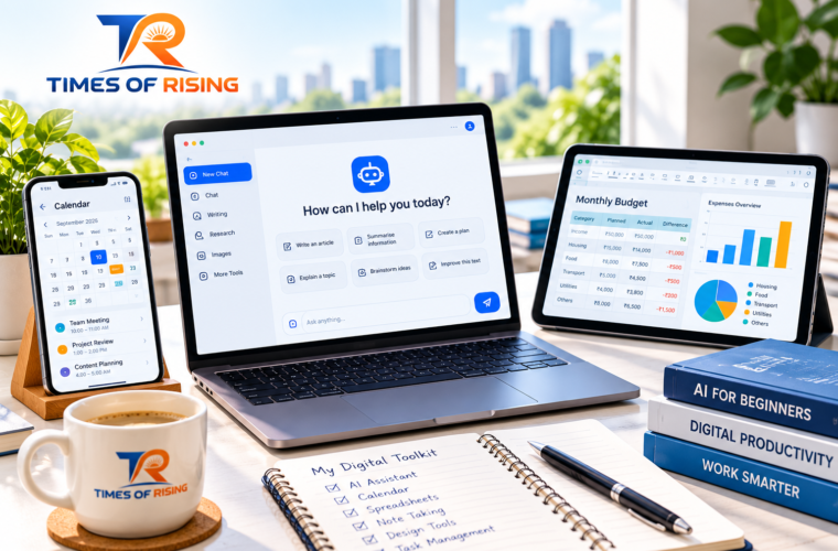 Times of Rising-branded workspace featuring a laptop with an AI chat interface, a smartphone calendar and a tablet displaying spreadsheet charts.