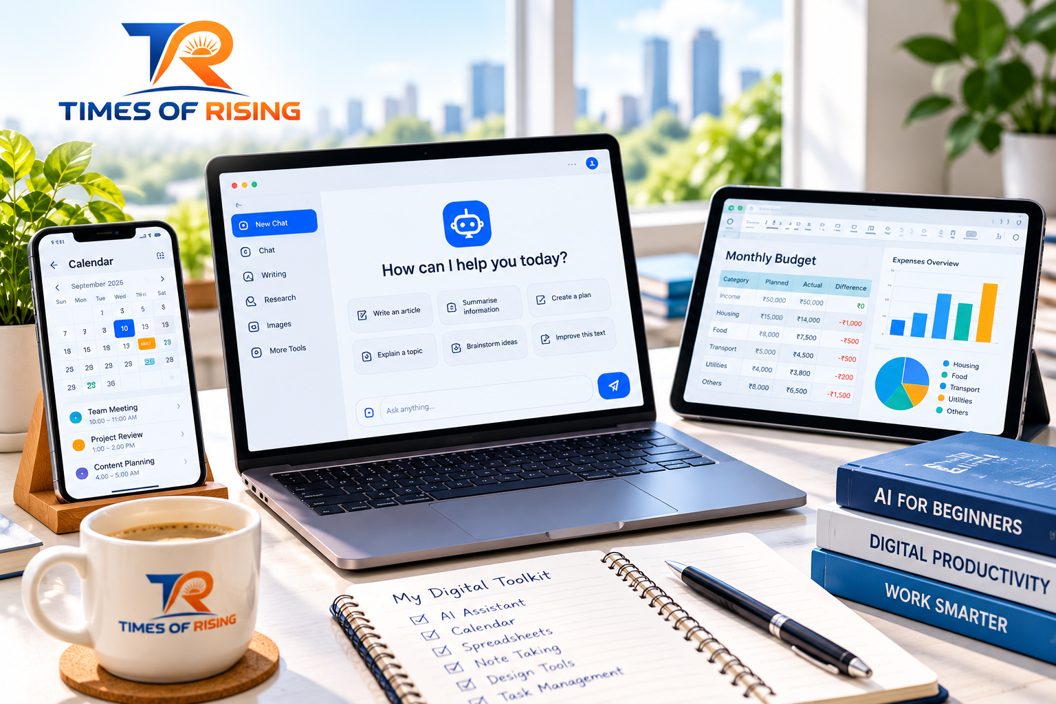 Times of Rising-branded workspace featuring a laptop with an AI chat interface, a smartphone calendar and a tablet displaying spreadsheet charts.