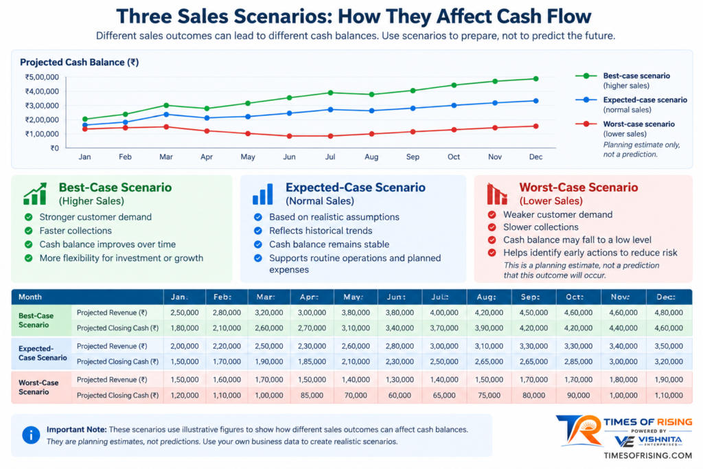 Infographic comparing best-case, expected-case, and worst-case small business cash flow scenarios with projected revenue and cash balances.
