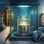 Glass security case containing a jar of bundled cash, with a vault door, shield, and umbrella symbolizing financial protection