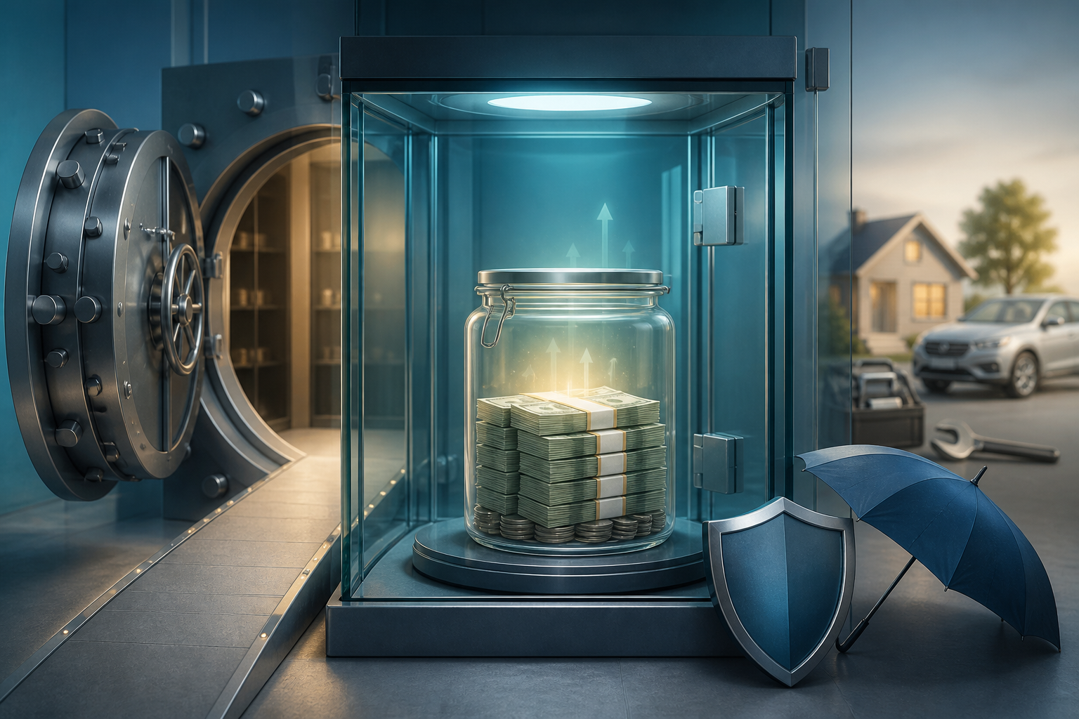 Glass security case containing a jar of bundled cash, with a vault door, shield, and umbrella symbolizing financial protection