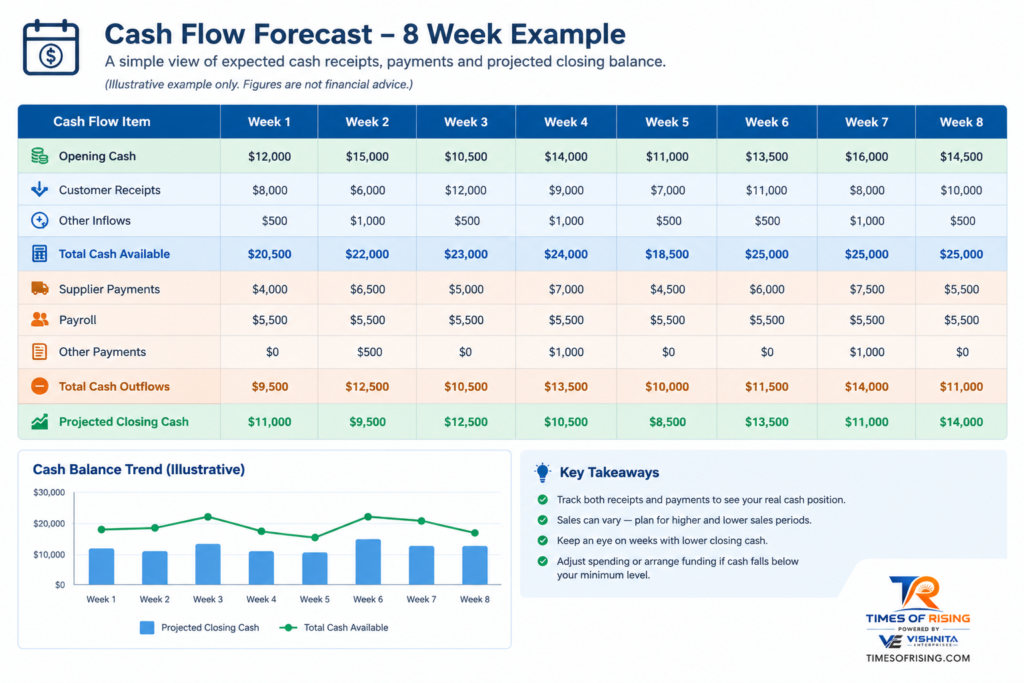 Illustrative four-week cash flow forecast showing opening cash, customer receipts, operating expenses, supplier payments, and projected closing balances in Indian rupees.